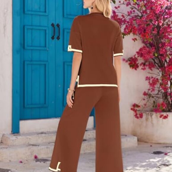 Soft Knit Lounge Set Short Sleeve Top Wide Leg Pants 2 Piece - Picture 7 of 8